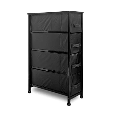 Image de Clarisworld Commode à 4 tiroirs étroits, dessus en bois, cadre acier robuste, unité de rangement pour chambre coucher, couloir, entrée, placards, tissu laminé (4 noir)