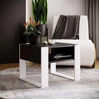 Image de MRBLS Table basse Design rustique moderne de salon d&#039;appoint à thé en bois (noir mat blanc mat) 65 x 45 53,6 cm (l H P)