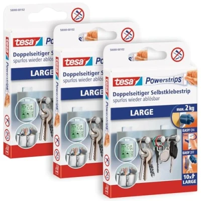 Image de tesa Powerstrips languettes Amovibles LARGE Fixation Extra Forte Adhésives pour Surfaces Lisses Soutient un Poids maximum de 2.0 kg 3 paquets 10