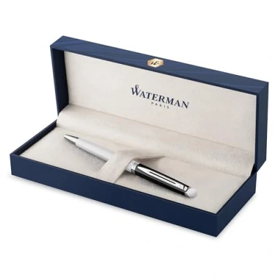Image de Waterman Hémisphère Stylo bille laque noire et blanche avec finition palladium pointe moyenne Encre bleue Coffret cadeau