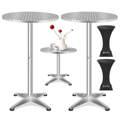 Image de KESSER® 2in1 Table Haute de bistrot Plateau en Aluminium INOX réglable Hauteur 70cm / 115cm in &amp; Outdoor réception 4 Pieds, Ø 80 cm, Argent, 2er Set