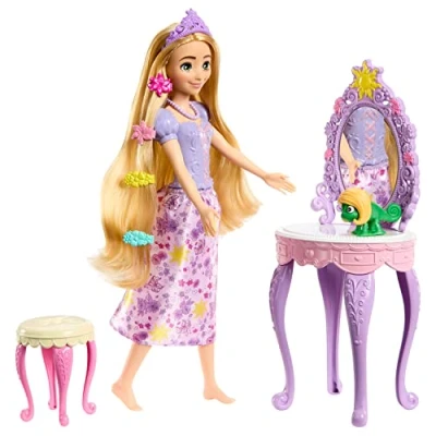Image de Mattel Disney Princess Coffret Avec Poupée Raiponce Inspiré Par Le Dessin Animé, Coiffeuse Violet Et Rose 10 Accessoires, Figurine Pascal À Clipser, Jouet Enfant, Dès 3 Ans, HLX28