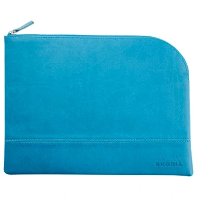 Image de RHODIA 116736C Pochette Zippée en Simili Cuir Turquoise Taille L (21 x 28 cm) Coutures Véritables Intérieur Tissu Orange Rangement Documents, Petites Fournitures