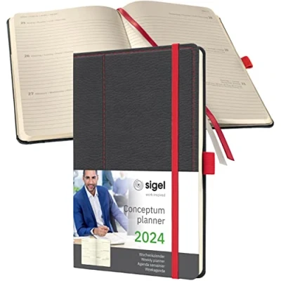 Image de SIGEL C2455 Agenda semainier 2024, motif rétro, A5, couverture rigide, gris, rouge Conceptum