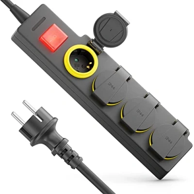 Image de deleyCON 4 Compartiments Extérieur Multiprise avec Câble de 1,4m pour Usage 4X Prises Contact Protection IP44 Résistant aux Éclaboussures Bouton on/Off Jardin Terrasse Balcon Garage