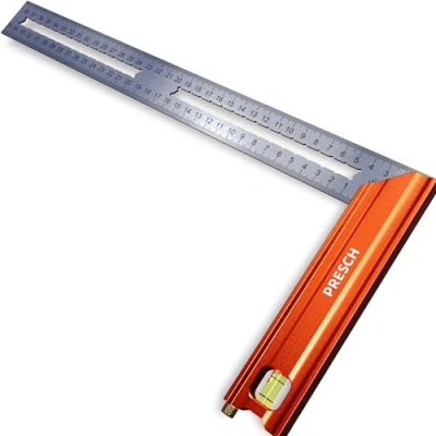 Image de Presch Équerre de Menuisier 350mm Grande Avec jauge (35cm), niveau à bulle et pointe marquage 90 45 degrés a chapeau, precision charpentier