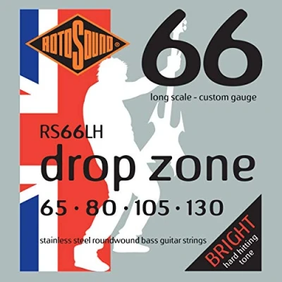 Image de Rotosound Drop Zone Jeu de cordes pour basse Acier inoxydable Filet rond Tirant custom (65 80 105 130) (Import Royaume Uni)