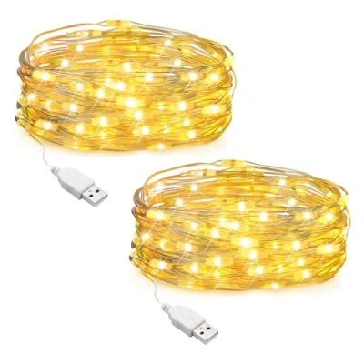 Image de SALCAR Lot de 2 Guirlande Lumineuse Noël à 10M 100 LED et piles en fil cuivre pour éclairage intérieur extérieur, chambre, décoration mariage, fête, d&#039;arbre (Blanc chaud)