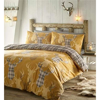 Image de Homemaker Parure de lit réversible Motif cerf et tartan à carreaux ocre moutarde, King