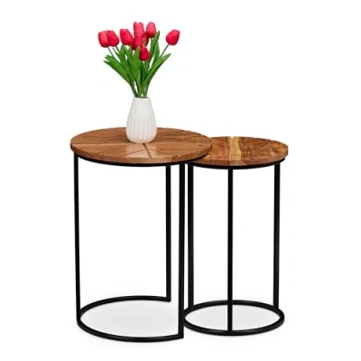 Image de Relaxdays Table d&#039;appoint en Lot de 2, Bois d&#039;acacia, Design Rond, pour Le Salon ou l&#039;entrée, Marron et Noir, 52,5 x 39,5 CN
