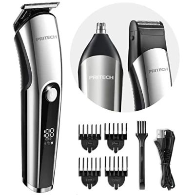 Image de PRITECH Tondeuses à Cheveux pour Hommes, Tondeuse Nez, Micro Rasoirs 3 en 1 Kit de Soins Hommes sans Fil et Rechargeable, Électrique avec Écran LED Tête Coupe T, IPX6