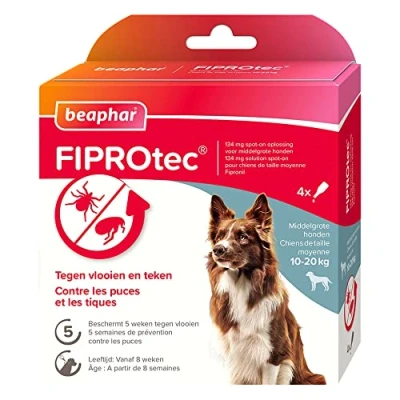 Image de BEAPHAR FIPROTEC 134 MG Solution Spot on pour Chiens Moyens (10 20 kg) À Base de Fipronil Contre Les Puces Protège Infestations par Tiques 4 Pipettes 1,34 ML