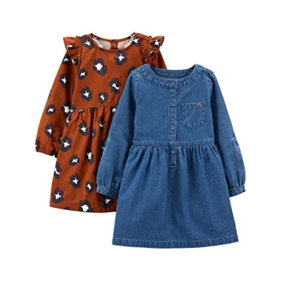 Image de Simple Joys by Carter&#039;s 2 Pack Long Sleeve Dress Set Robe décontractée, Chambray/Guépard, 18 Mois (Lot de 2) Fille