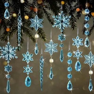 Image de HshDUti Lot de 16 pendentifs pour sapin Noël transparents en acrylique à suspendre Noël, flocon neige, stalactites et goutte d&#039;eau avec cordes décoration d&#039;intérieur Bleu