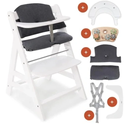 Image de hauck Chaise Haute Bébé Alpha Plus en Bois, Inclus Plateau Play Tray, Jouet Bebe Repairing et Coussin, à Partir de 6 Mois, Réglable Blanc