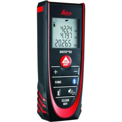 Image de Leica DISTO D2 télémètre laser multifonction, avec Bluetooth (fonctionnalité application) pour mesures de distance, surface et volume (utilisation intérieure &amp; détection la pièce finale)