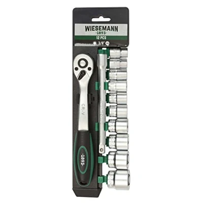 Image de Lot douilles et cliquet 12 pièces avec support WIESEMANN 80133 acier au chrome vanadium 3/8&quot; rallonge 150 mm 10 à 24 6 pans