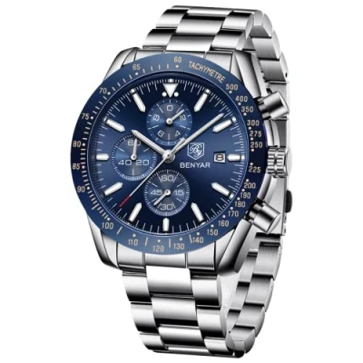 Image de BENYAR Montre Homme Chronographe Etanche Lumineuses Date Montres Bracelet en Acier Inoxydable Grand Cadran Classique Mode Affaires Analogique Quartz Cadeau élégant pour Hommes
