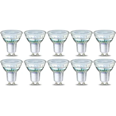 Image de Amazon Basics Lot de 10 ampoules spot LED GU10 4 W (équivalent 50 W) Filament transparent Intensité non variable, blanc chaud