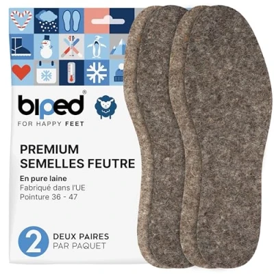 Image de biped 2 paires de Semelles feutrées en pure laine chauffantes feutre naturel pour un climat agréable dans la chaussure z2754(38 39)