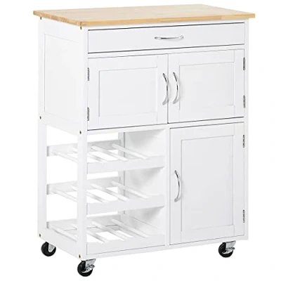 Image de HOMCOM Desserte de Cuisine Multi rangements 2 placards tiroir casier 9 Bouteilles MDF Blanc Plateau Bois Caoutchouc