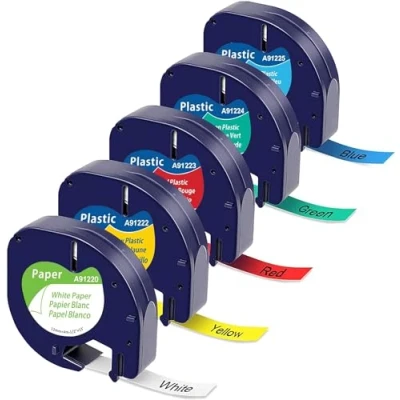 Image de 5x MarkField Ruban compatible pour Dymo Letratag Plastique Étiquettes Papier 12mm x 4m, Recharge Etiqueteuse LT 110T 100H QX 50 200B, Noir sur Blanc/Rouge/Jaune/Bleu/Vert