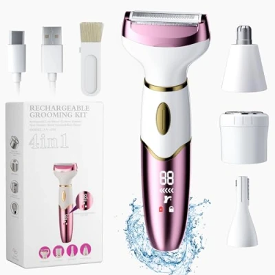 Image de PKBD Epilateur Electrique 4 en 1 pour Femme, Rasoir le Corps, Jambes, Poils Pubiens et Visage, Rechargeable Etanche IPX7, Portable, Humide Sec, Rose