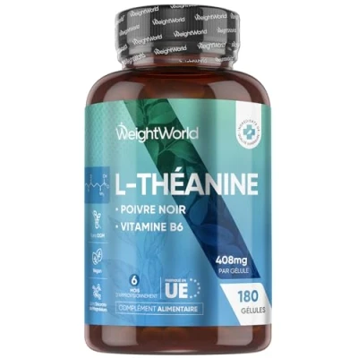 Image de L Theanine 500mg 180 Gélules Vegan (6 Mois) Camellia Sinensis, Acide Aminé de Thé Vert Enrichi en Mélisse Alternative au GABA Sans Stéarate Magnesium &amp; Fructose WeightWorld