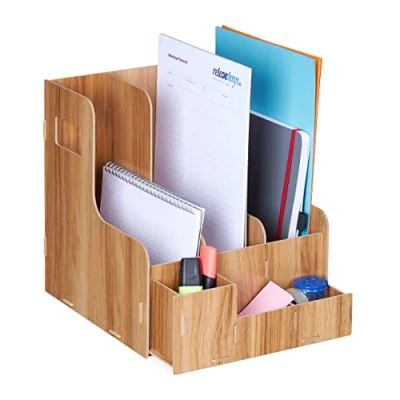 Image de Relaxdays Porte Documents, 3 Compartiments, Format A4, Organiseur Bureau, Travail et école, Rangement, MDF, Marron