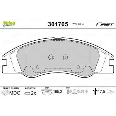 Image de VALEO 301705 Jeu de plaquettes frein FIRST Essieu avant contact signal d&#039;usure inclus avec tôle anti bruit KIA: Cerato 5 portes, Koup