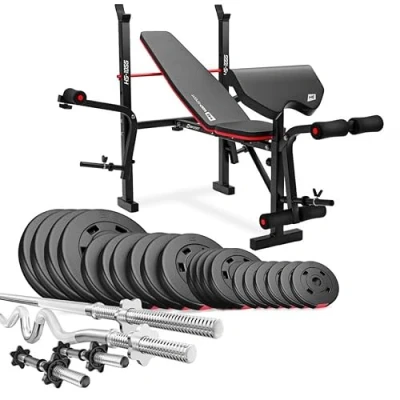 Image de Hop Sport Banc de Musculation Pliable HS 1055 avec Pupitre Curl, Papillon, Presse à Jambes et Set disques Poids en Plastique 106 kg alésage 31 mm Barres d&#039;haltères Super Curl SZ
