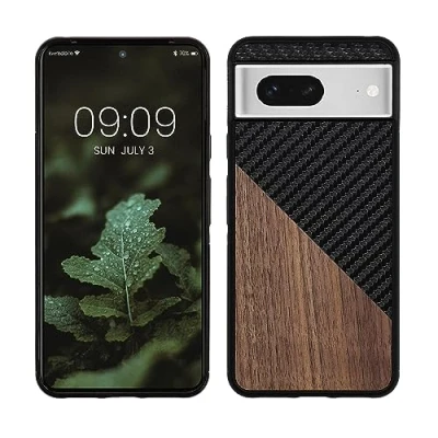 Image de kwmobile Coque Compatible avec Google Pixel 8 Housse en Bois et Fibre Carbone Brun foncé Noir