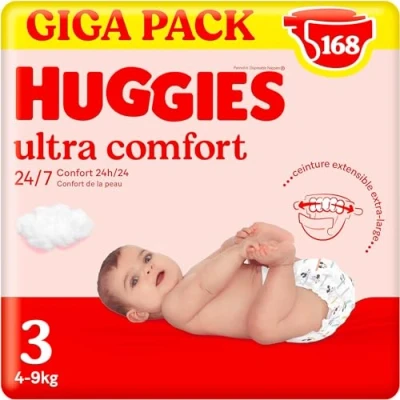 Image de HUGGIES ultra Comfort couches bébé Taille 3 (4kg 9kg) paquets de 56 ceinture douce absorbtion rapide sans parfum chlore et latex emballage recyclable