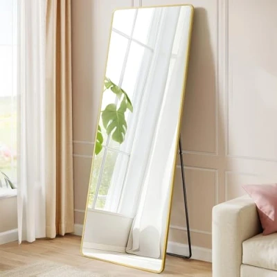 Image de SONGMICS Miroir Intégral, 160 x 50 cm, Rectangulaire sur Pied, Grand À Poser au Sol, Cadre en Alliage d’Aluminium, Verre Trempé, pour Chambre, Salon, Dressing, Doré Clair LFM030A01