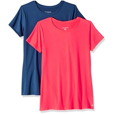 Image de Amazon Essentials T shirt à manches courtes et col rond Tech Stretch (disponible en grande taille) Femme, Lot de 2, Bleu Marine/Rose Vif, L