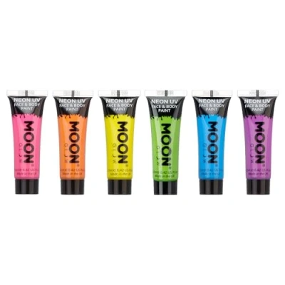 Image de Moon Glow Néon UV intense Peinture pour le visage et corps Comprend un porte clés UV, rose, orange, jaune, vert, bleu, violet, 12 ml (lot de 6)