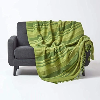 Image de HOMESCAPES Jeté de lit/Jeté canapé Vert à Rayures 255 x 360 cm en Pur Coton appartenant la Collection Stripes
