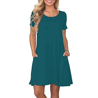 Image de AUSELILY Femmes Robes D&#039;été à Manches Courtes Décontracté T Shirt Robe Ample Courte avec Poches Vert Foncé M