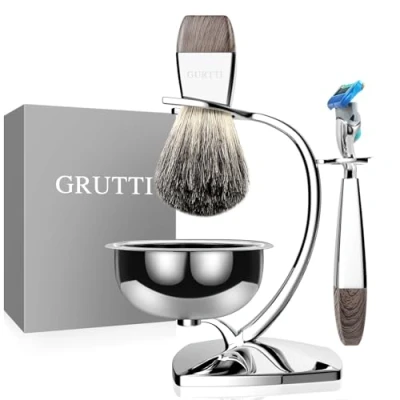 Image de Ensemble de rasage GRUTTI, rasoir luxe chromé et support brosse avec bol savon sécurité pour blaireau poils blaireau, compatible Fusion 5