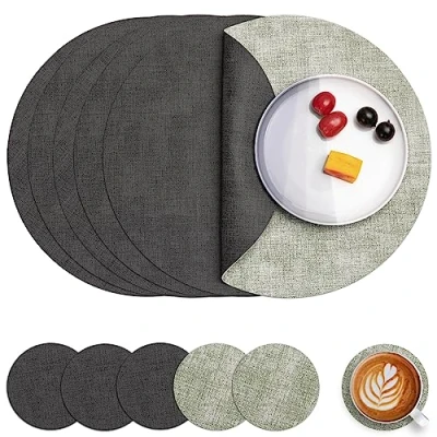 Image de Myir JUN Set de Table en Cuir et Dessous Verre Lot 6, Sets Rond Antidérapant Double Face Plastique Lavable Résiste à la Chaleur (Gris Vert, 6)