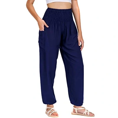 Image de Lofbaz Femmes Rayonne Impression Smocked Taille Boho Harem Pantalon Solid Bleu Foncé M