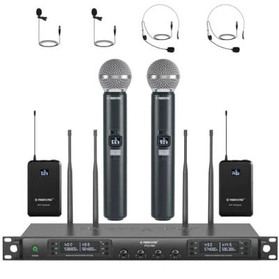Image de Phenyx Pro Système de Microphone sans Fil avec Micros à Main, Bodypack, Casque et Cravate, 4x40 Canaux, Auto Scan, 328ft, Micro Professionnel pour Chant, Karaoke (PTU 7000 2H2B)