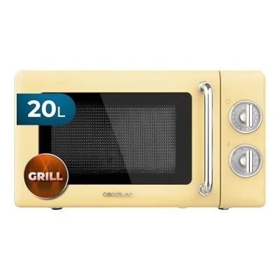 Image de Cecotec Micro Ondes Mécanique avec Grill Proclean 3110 Retro Jaune. 20 L, 700 W en 6 niveaux, minuterie jusqu&#039;à 30 minutes, mode dégivrage, design vintage jaune, finitions acier.
