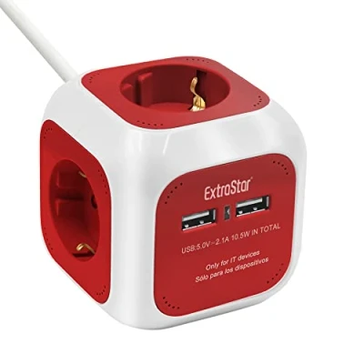 Image de EXTRASTAR 6 en 1 Cube multiprise avec 4 Prises USB + 2 Ports 5 V, 1,5 m, Max 3680 W, 16 A, Rouge, pour Maison, Bureau