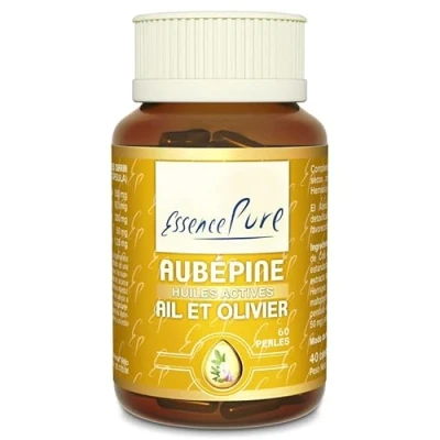 Image de Ail Olivier Aubépine Essence Pure Hypertension &amp; Système Cardiovasculaire Sain Aubepine Gelules et Feuille d&#039;olivier 60 Perles Api Nature