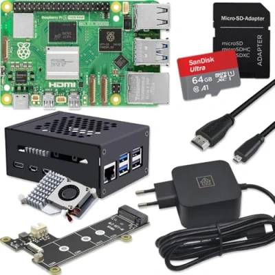 Image de Raspberry Pi 5 16 Go PCIe M.2 NVMe Kit Boîtier en métal Cooler actif Carte SSD Bloc d&#039;alimentation USB C 45 W SD 64 Câble Micro HDMI 4K (16 de RAM)