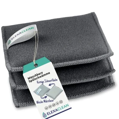 Image de ELEXACLEAN Lot de 3 éponges Nettoyage (12 x 10 cm Gris foncé) Lavables et réutilisables, pour Les casseroles, la Vaisselle Couverts