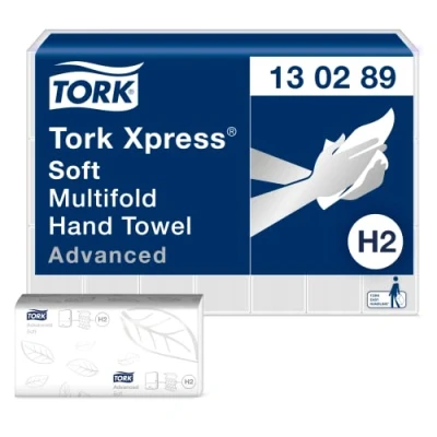Image de Tork Xpress Essuie mains interfoliés doux 130289 Papiers d&#039;essuyage pliés en Z qualité Advanced pour Distributeur H2 Absorbant et indéchirable petit 2 plis blanc 21 x 180 feuilles