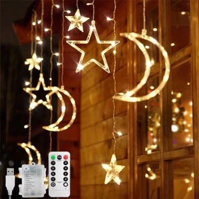 Image de Jsdoin Guirlande lumineuse LED Ramadan 3,5 m Étoile et lune 8 modes clignotants Décoration pour Noël, mariage, fête, maison, terrasse, Ramadan, pelous (B (Blanc Chaud))
