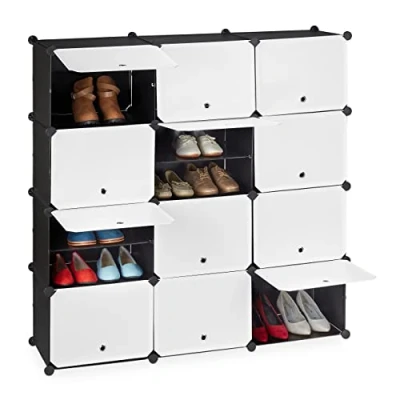 Image de Relaxdays Étagère à Chaussures, 24 Compartiments, 12 Portes, modulable, Plastique, Fer, HLP 125x125x32 cm, Noir et Blanc